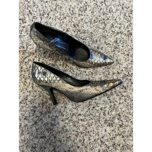 Donald Pliner Glove Genuine Snake Leather Pump Shoe Gray Gold Metallic Sz 5.5M